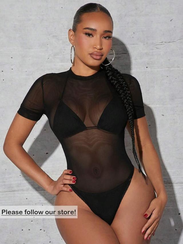 solid sheer mesh short sleeve bodysuit