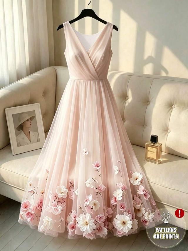 light pink tulle v-neck floral evening gown