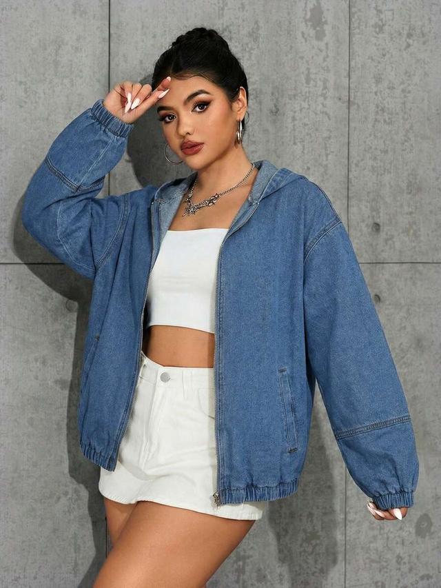 casual washed denim hooded jacket with elastic cuffs