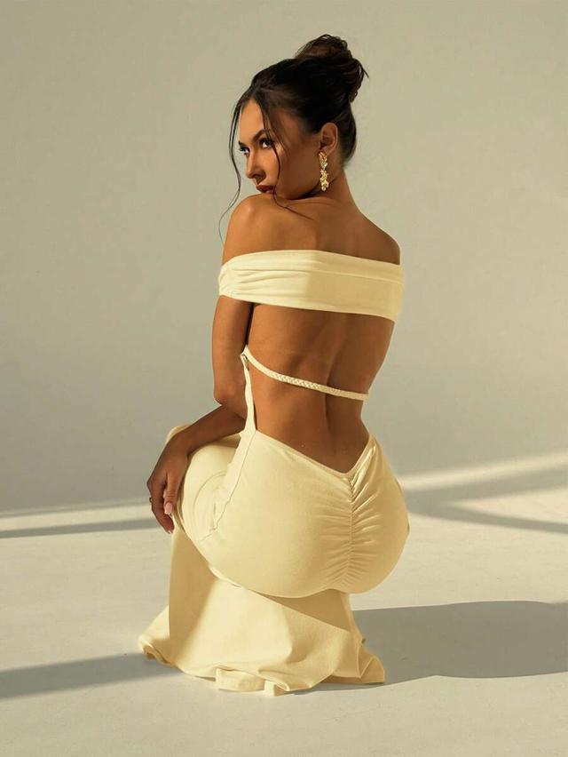 yellow off shoulder backless ruched bodycon maxi dress