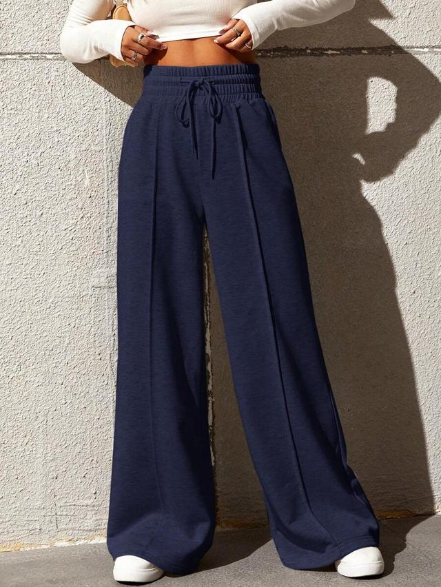 navy blue drawstring waist casual wide leg sweatpants