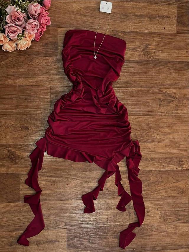 burgundy strapless ruched mini dress with ruffle ties