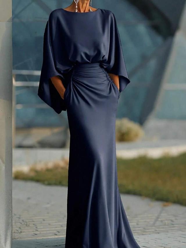navy blue satin draped evening gown