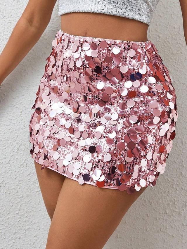 pink sequin embellished mini party skirt