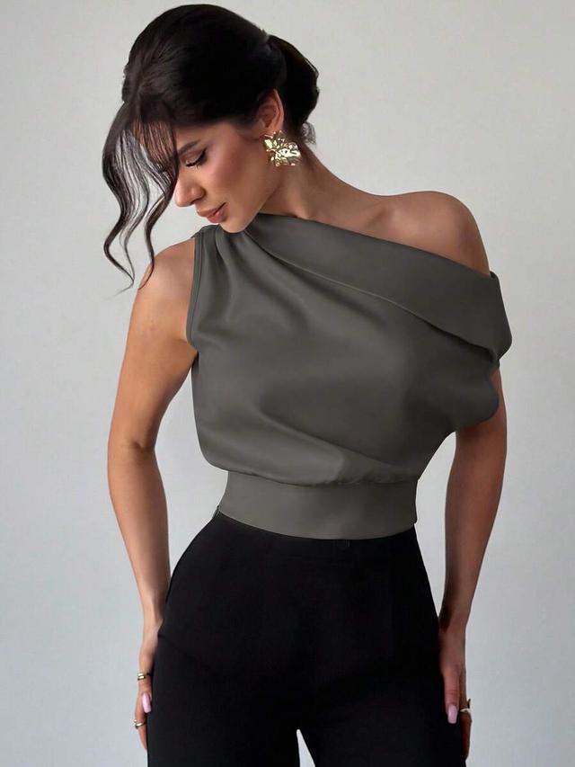 gray asymmetric pleated off-shoulder blouse