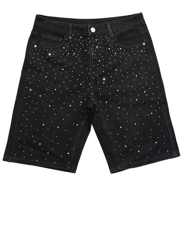 men's black denim shorts with rhinestone embellishment
