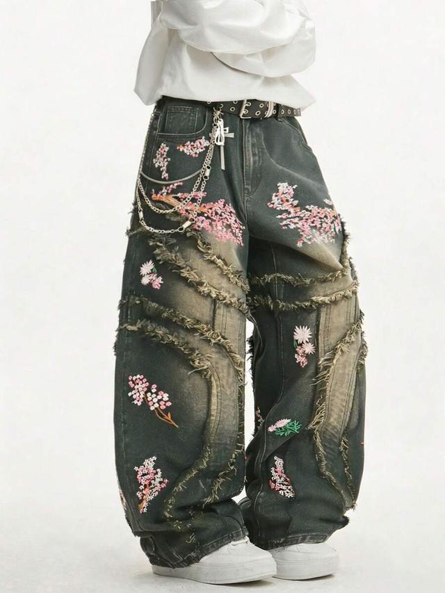 unique patchwork 3d embroidered black wide leg denim jeans