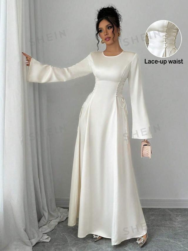 apricot satin a-line maxi dress with lace-up waist