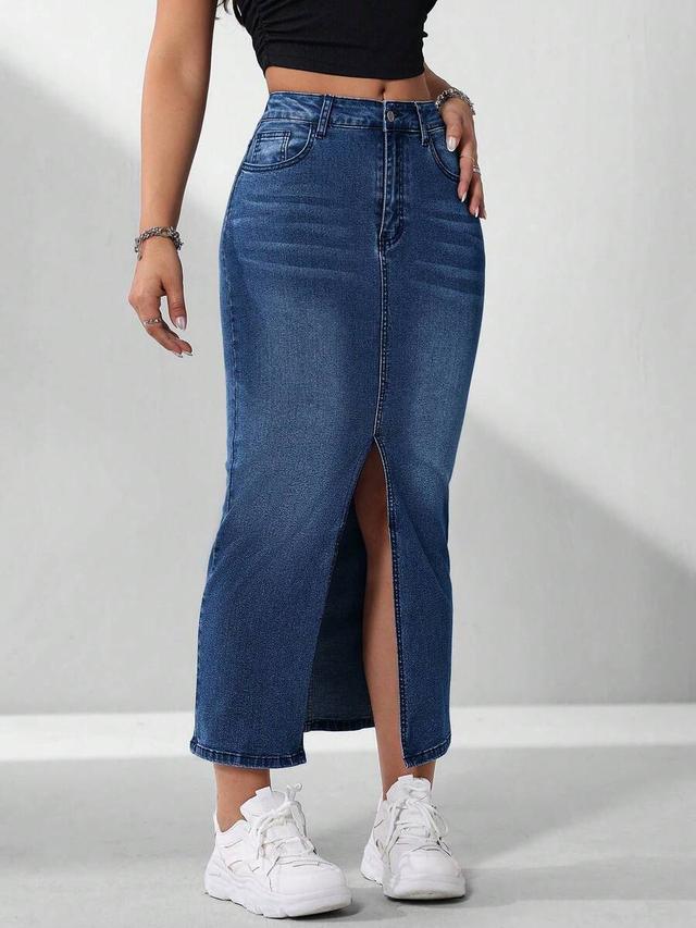 dark wash denim midi skirt with front slit