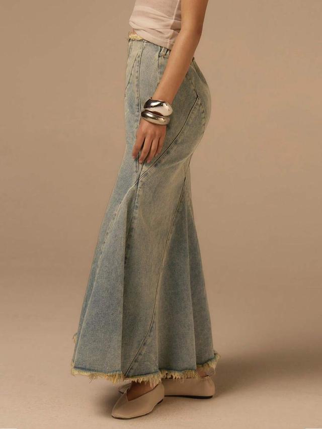 cosmina light blue frayed hem fish tail denim skirt