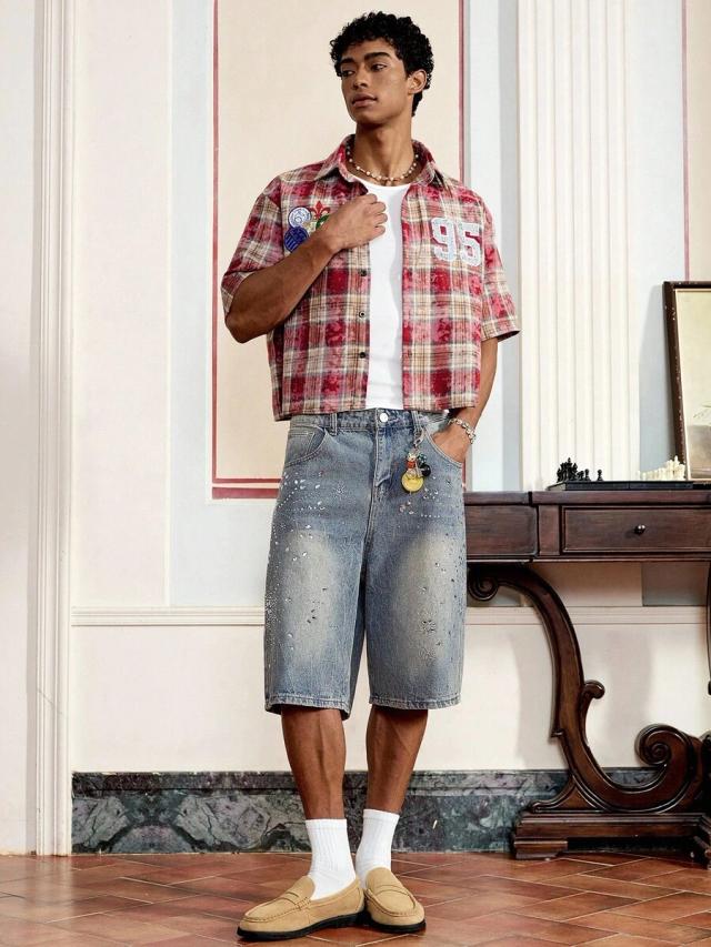 red plaid loose-leg rhinestone distressed washed denim shorts