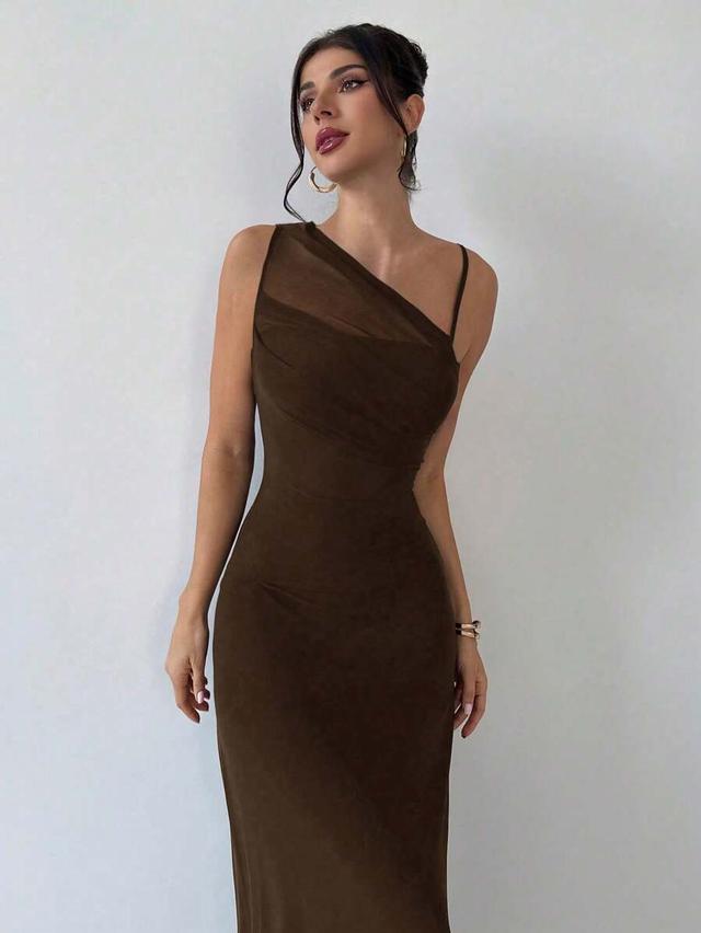 elegant asymmetrical ruched black mesh bodycon maxi dress