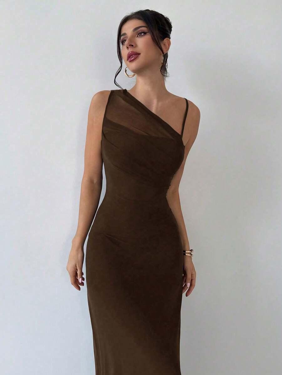 elegant asymmetrical ruched black mesh bodycon maxi dress