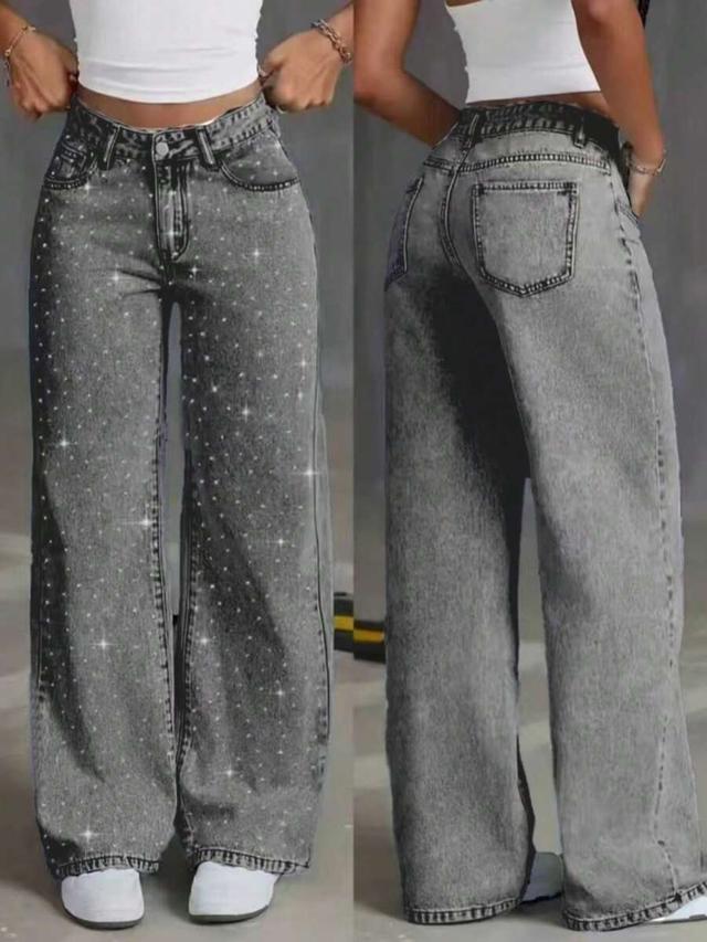 women's rhinestone embellished grey wide leg jeans