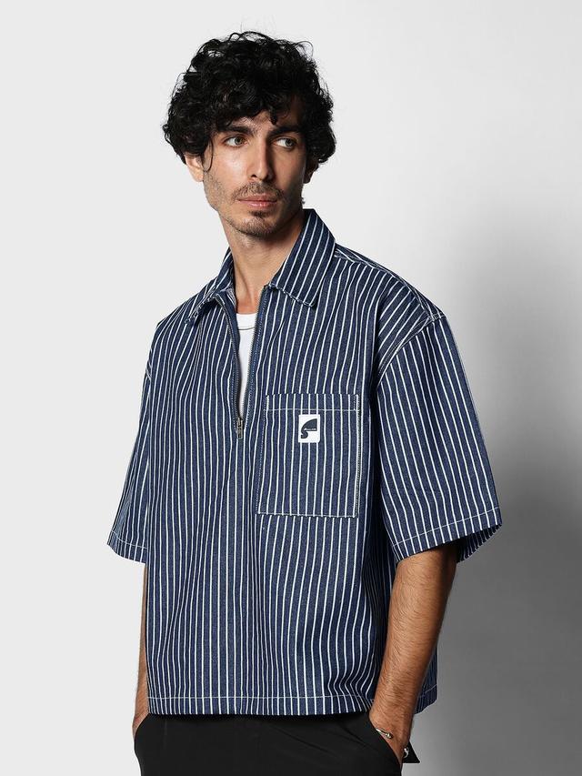 striped denim half-zip short sleeve pullover shirt