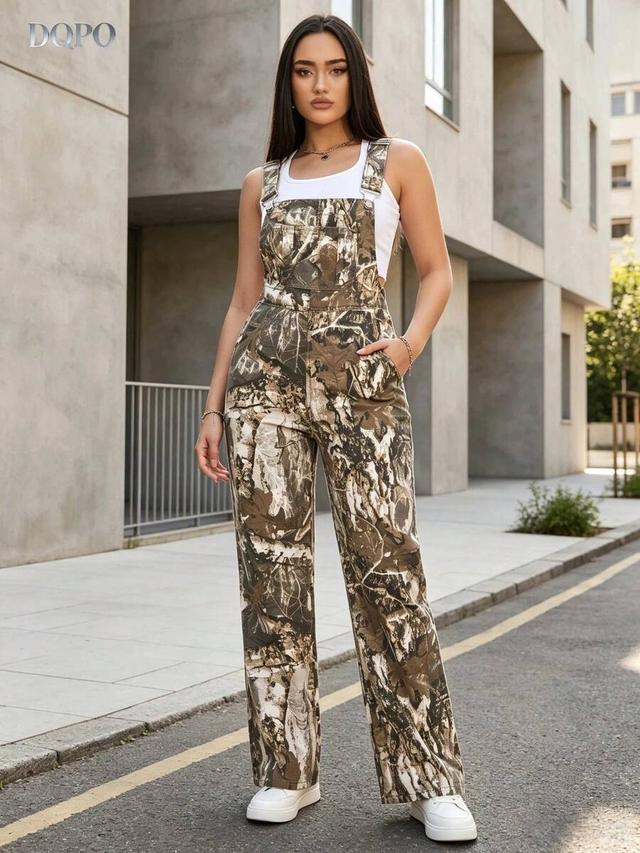 women camo print straight leg denim overalls