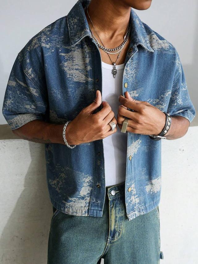oversized jacquard denim shirt with distressed pattern
