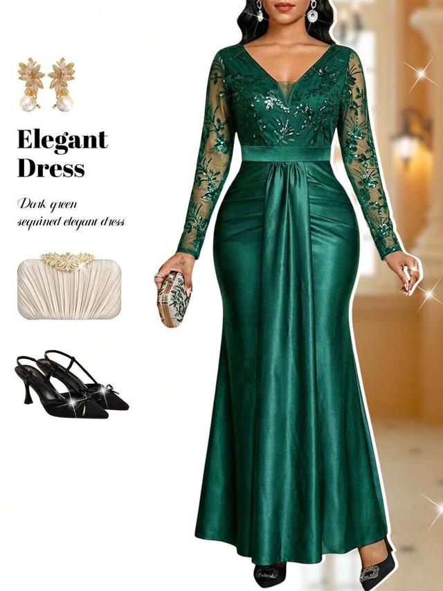 fleurora emerald green v-neck sequin lace pleated party dress