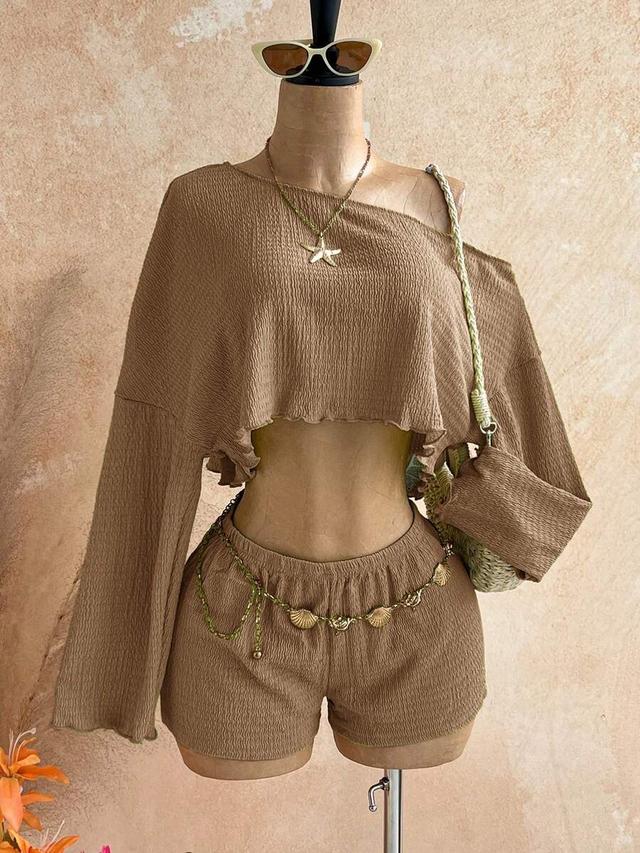 solid color asymmetrical shoulder textured two-piece set