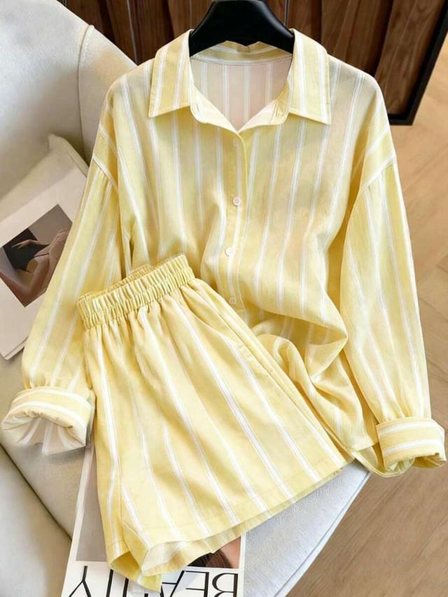 yellow striped casual cotton shirt and shorts set