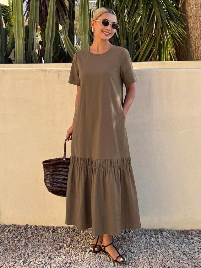 brown cotton loose midi t-shirt dress