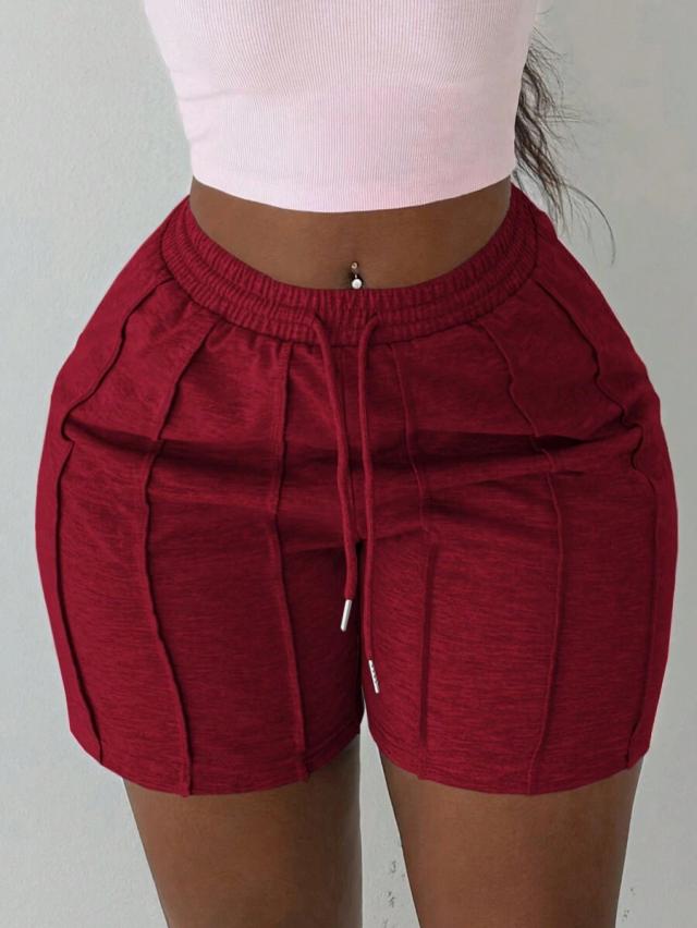 burgundy casual sports pleated drawstring shorts
