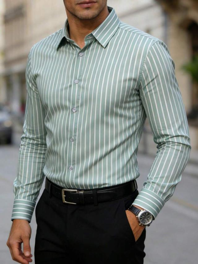 sage green striped classic collar long sleeve shirt
