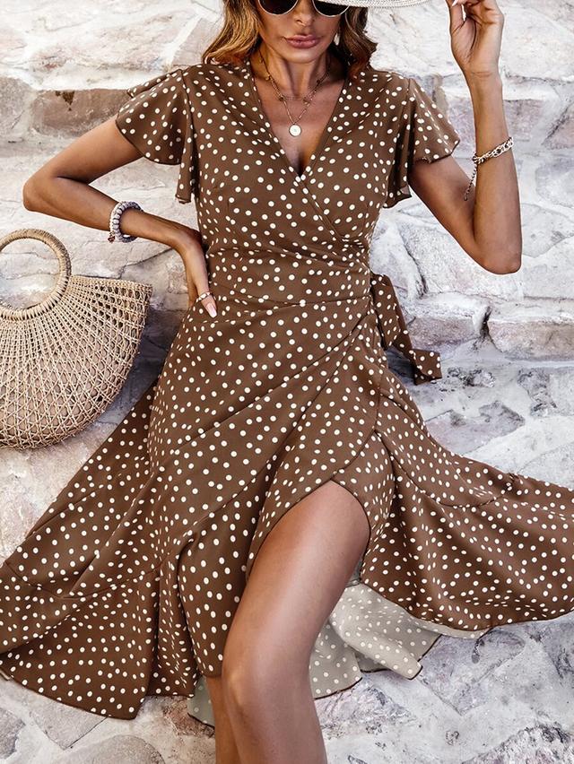 brown polka dot butterfly sleeve wrap dress