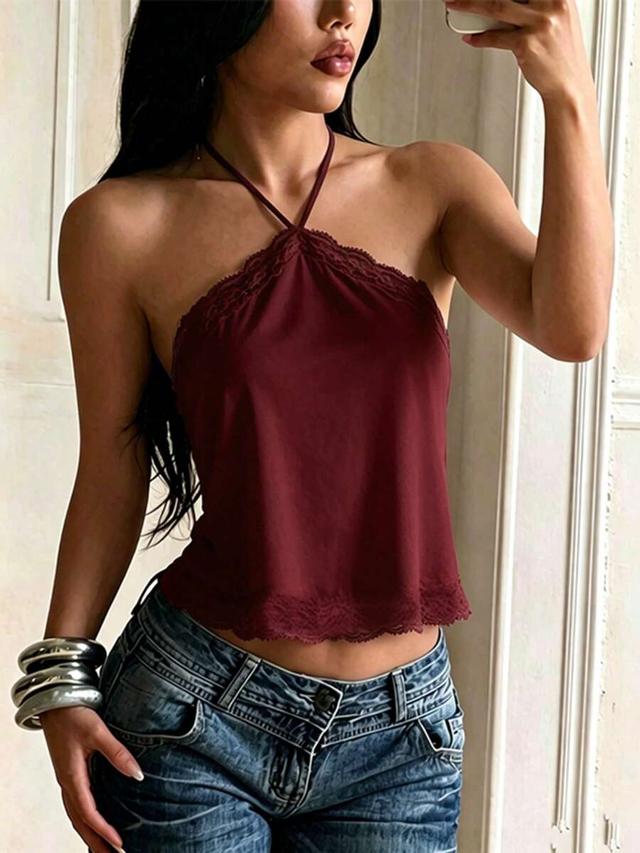 burgundy satin halter top with lace trim
