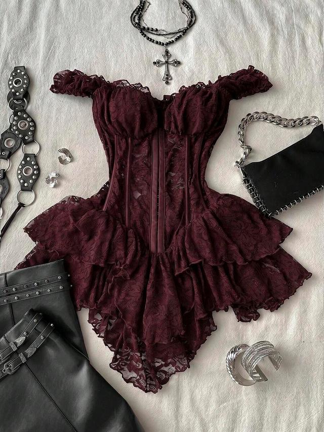 burgundy off-shoulder lace corset dress with ruffled hem