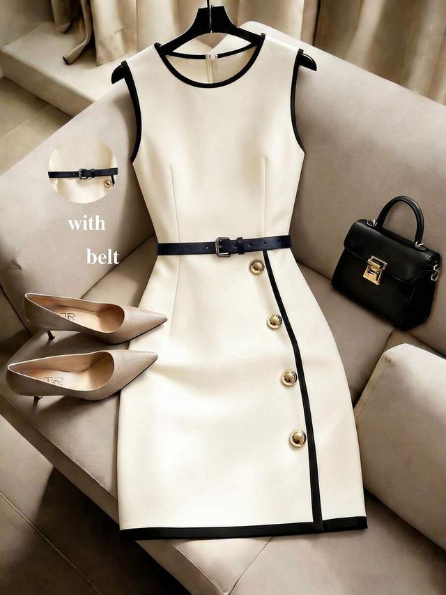 cream sleeveless sheath dress with black contrast trim