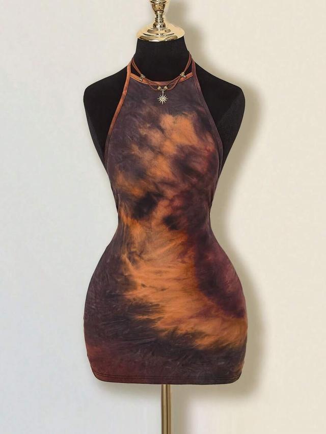 brown tie dye halter neck bodycon mini dress