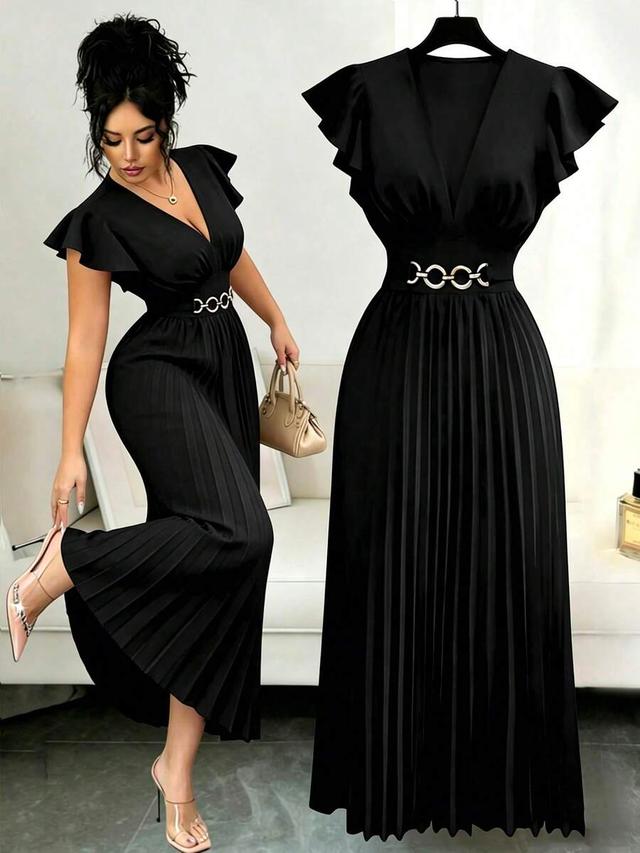 black pleated midi dress with flutter sleeves