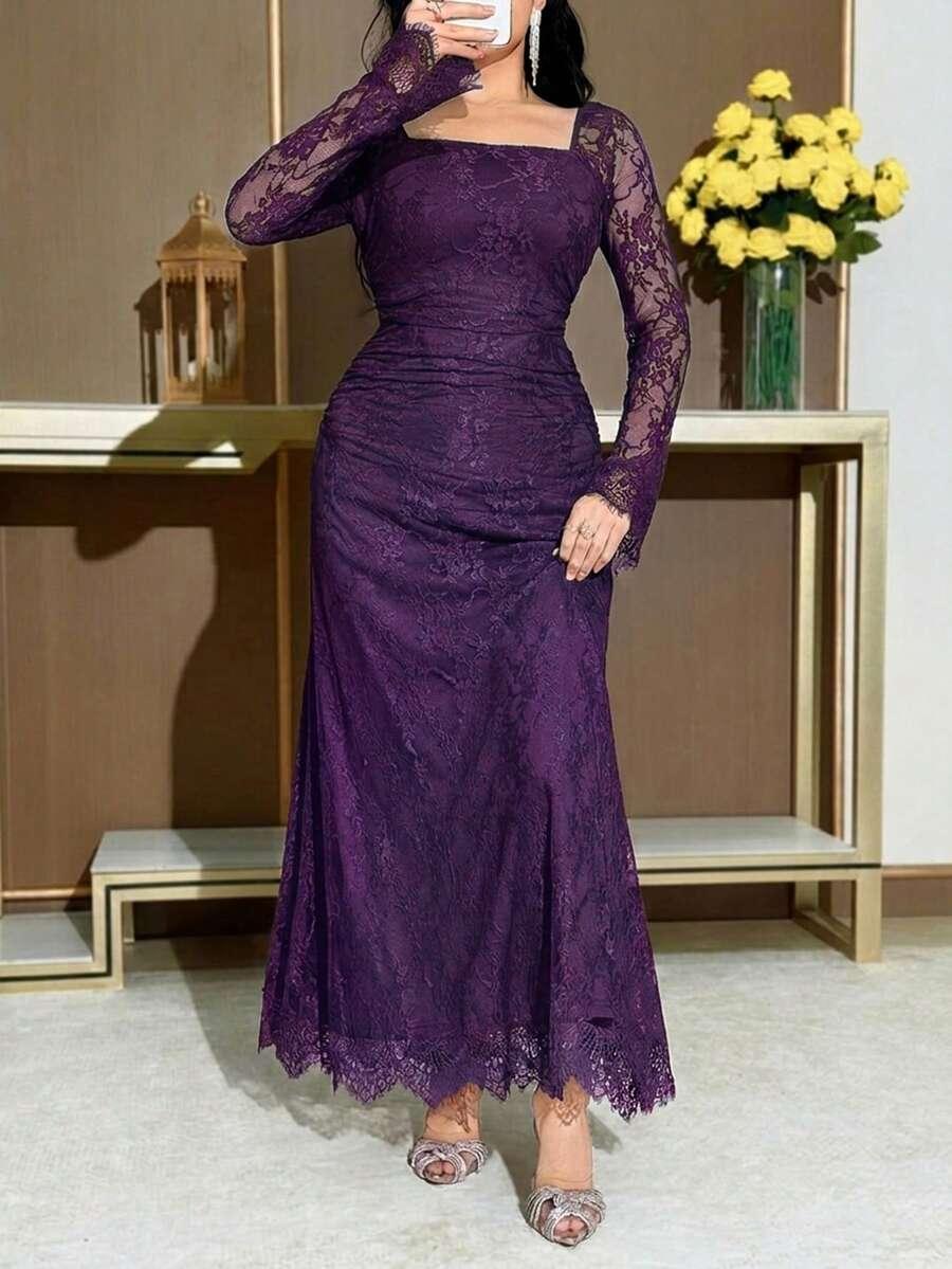 feyla women's elegant lace patchwork square collar long sleeve dress