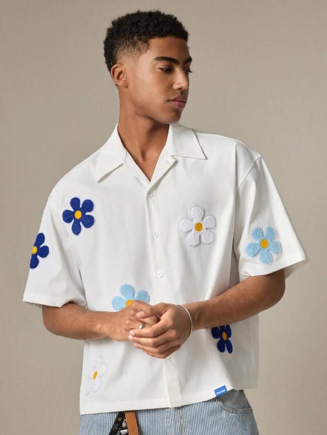 white cotton short sleeve shirt with floral applique