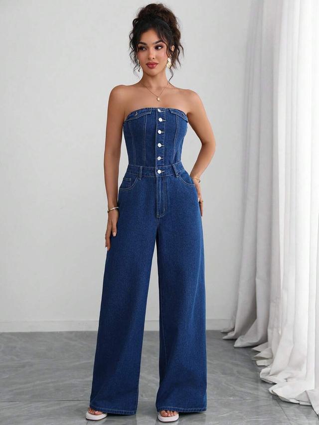 strapless button front wide leg denim jumpsuit