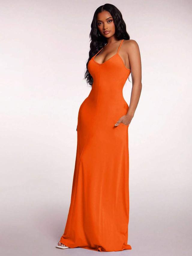 v-neck orange sleeveless maxi dress with pockets