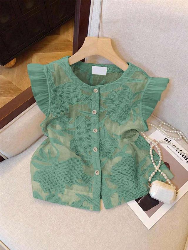 green floral jacquard cap sleeve button-down blouse