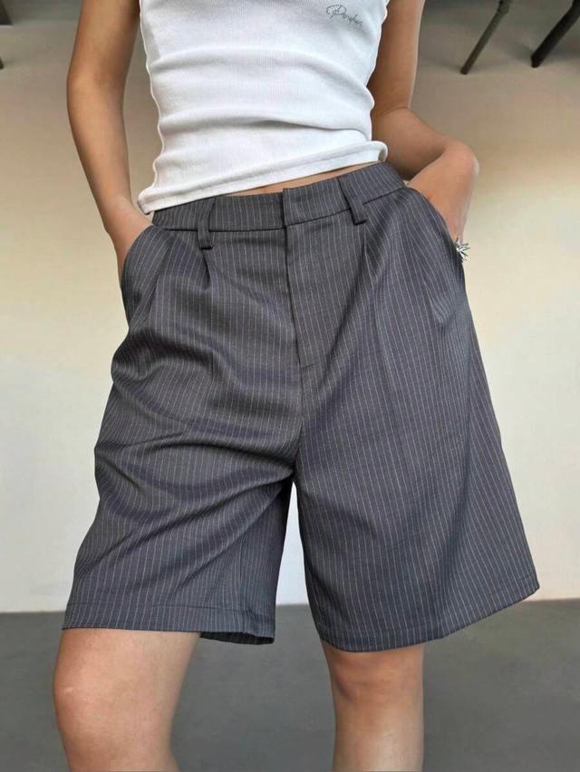 gray pinstriped woven bermuda shorts