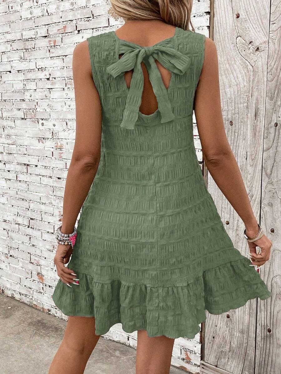 breezaya green textured back tie halter ruffle hem dress