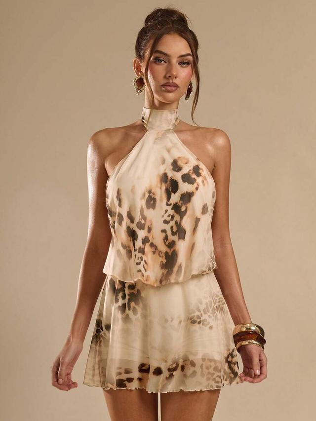 leopard print backless halter mini dress