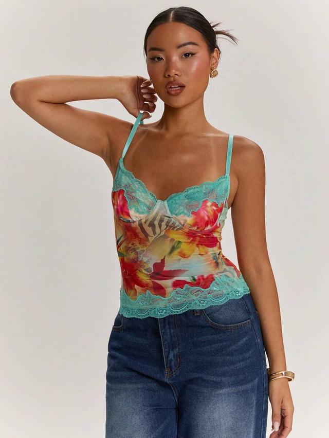 floral print lace patchwork camisole bustier top