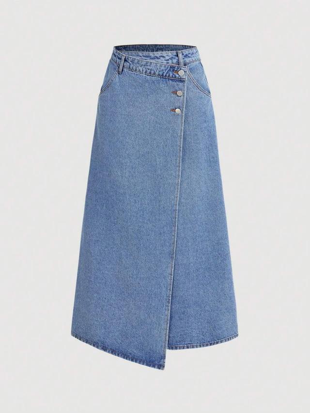 asymmetric wrap denim midi skirt