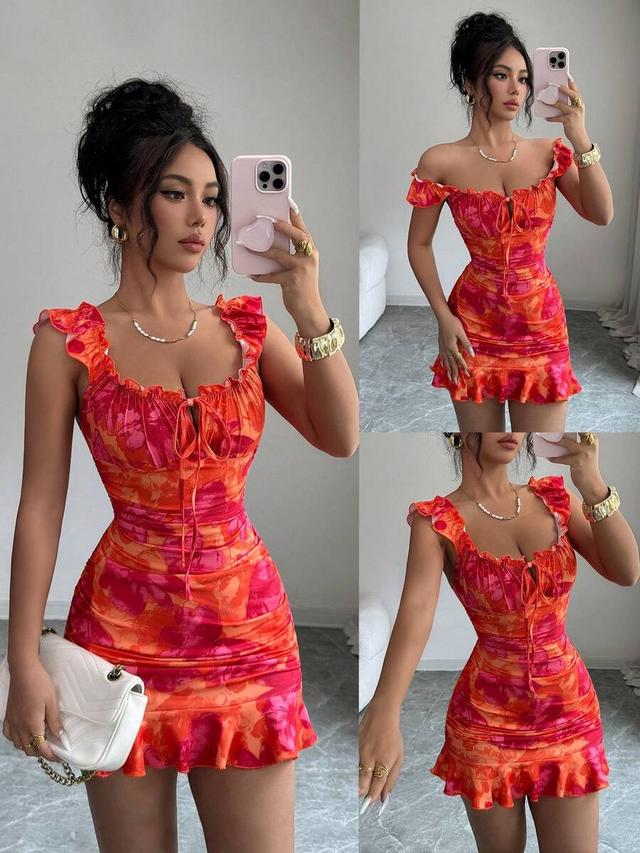 vibrant floral print ruched mini dress with ruffles