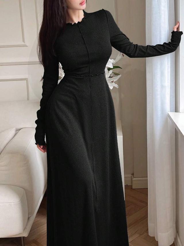 feyla women solid color round neck long sleeve dress