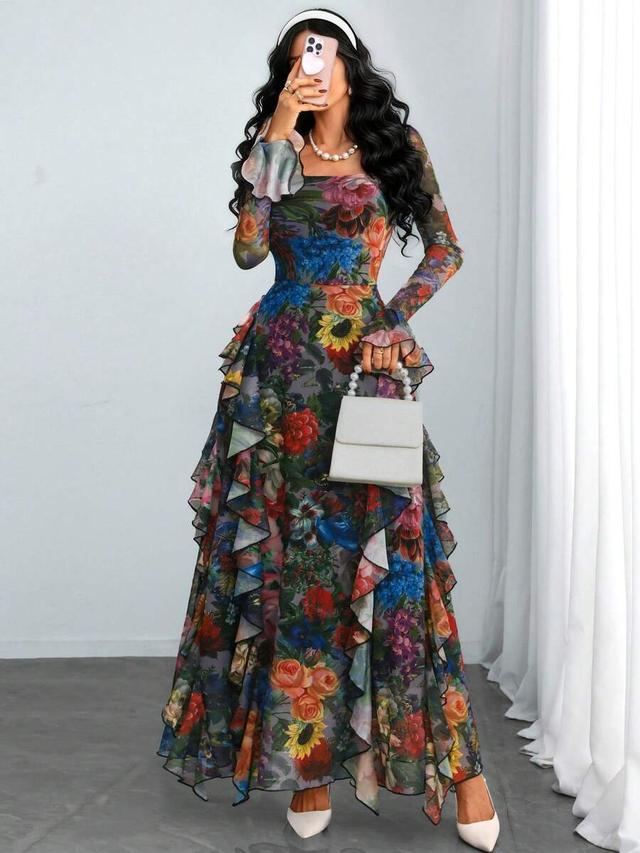 floral printed long sleeve ruffle layered maxi dress