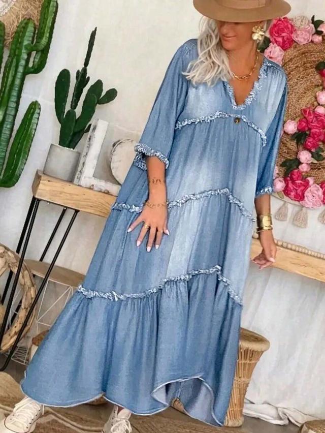 casual patchwork raw hem low neck denim dress