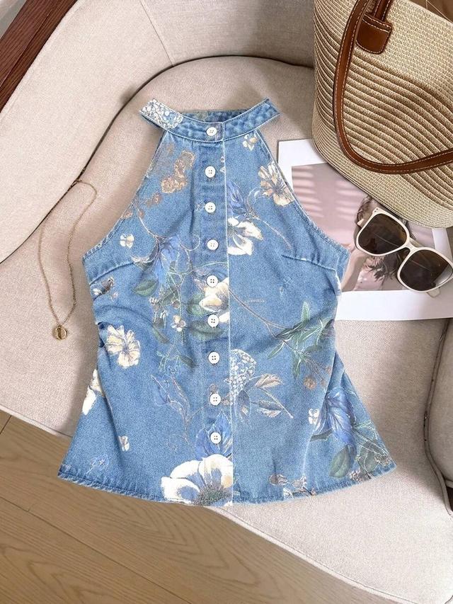 floral print denim halter neck button down top