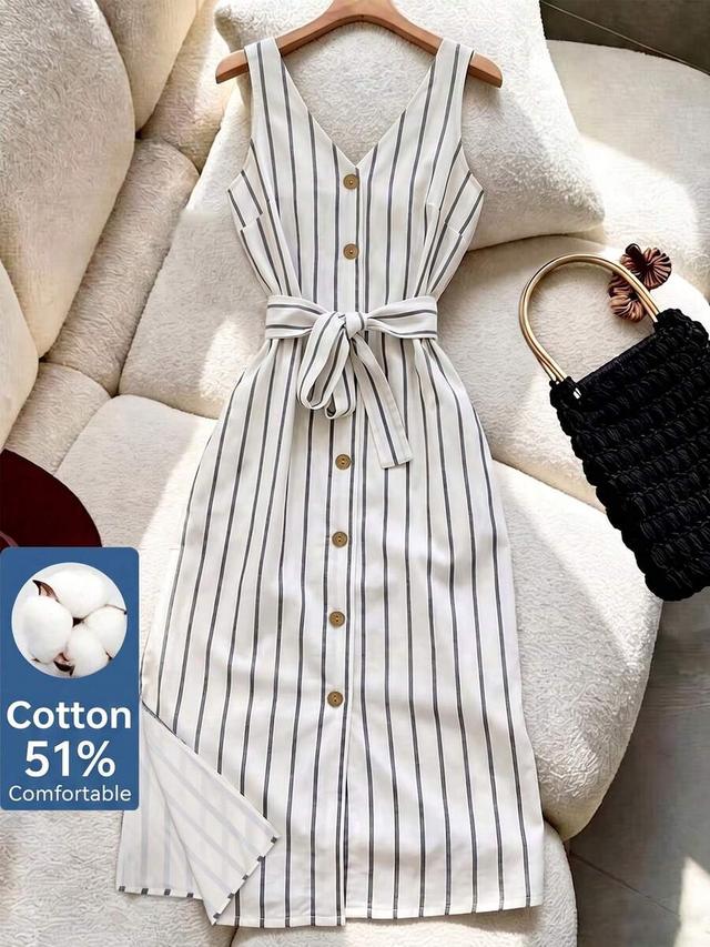 sleeveless striped front button midi dress with tie waist