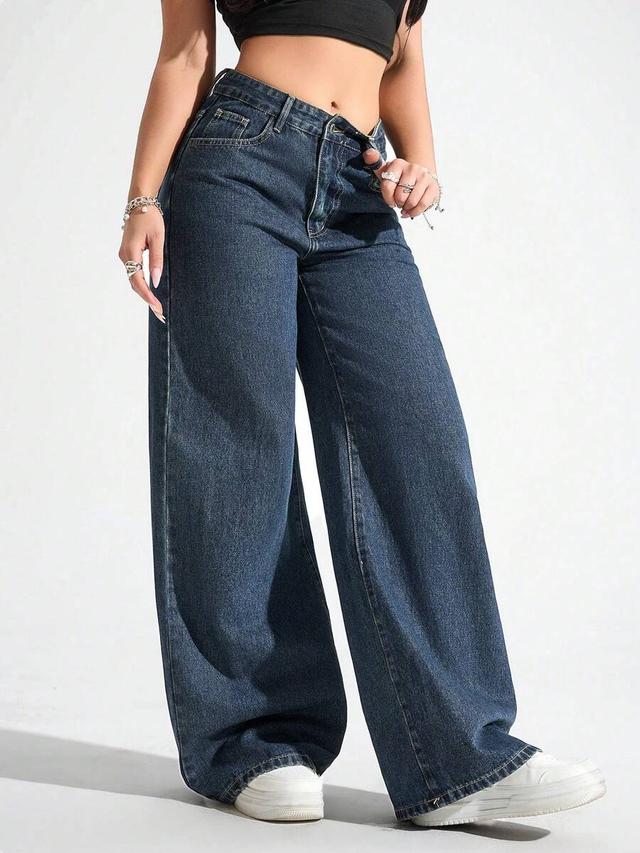 dark blue women's high waist pockets wide leg loose denim jeans